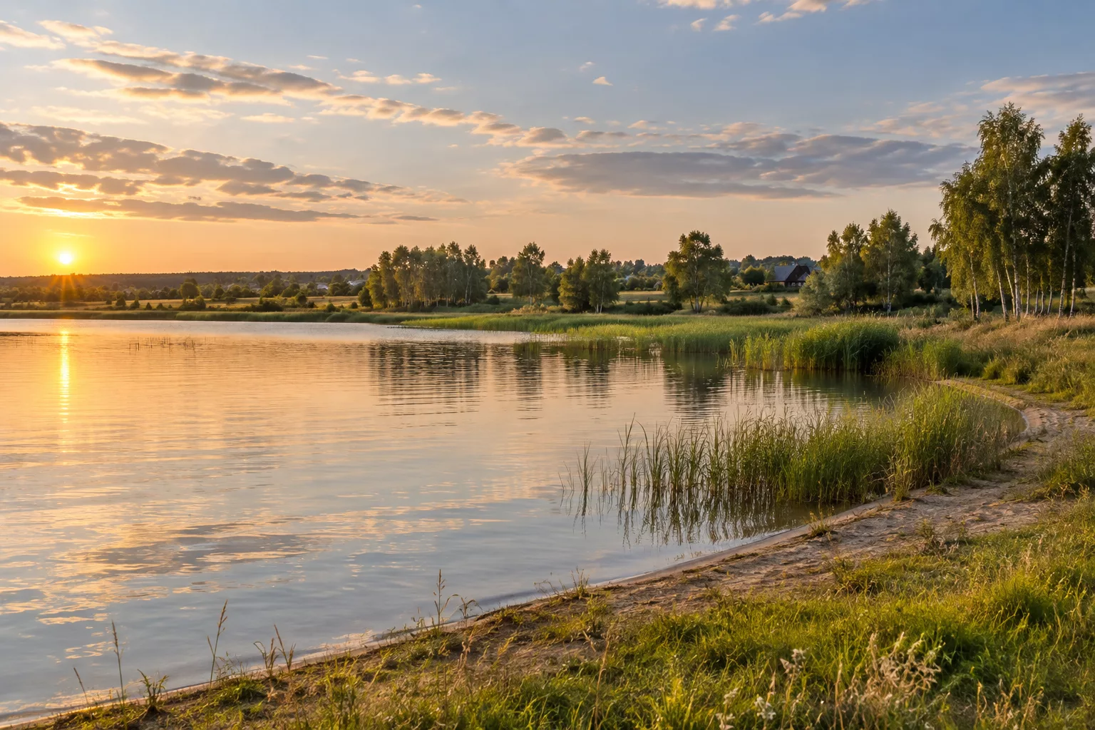 Летняя ИИ-иллюстрация озера Каратабан: спокойная вода, пологий берег и лесостепной горизонт