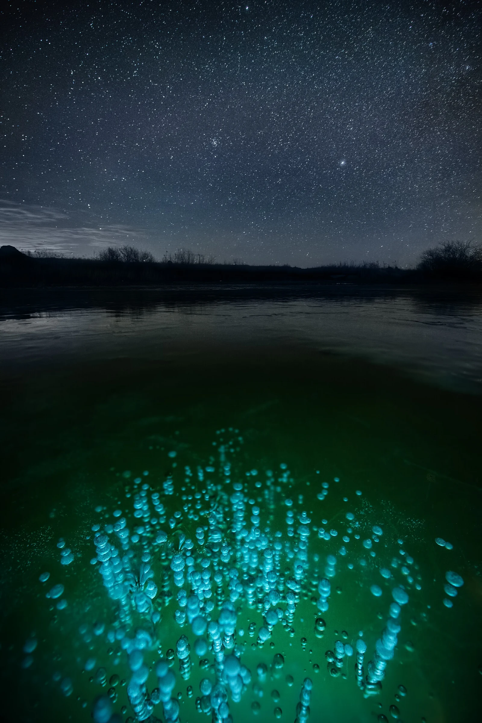 Winter night on the lake Big Allaki, Chelyabinsk oblast.